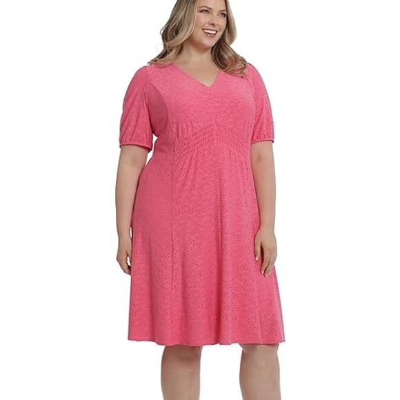 London Times Pink V-Neck Fit & Flare Dress Flowy Smocked Waist 1X Coquette Date - Picture 1 of 8